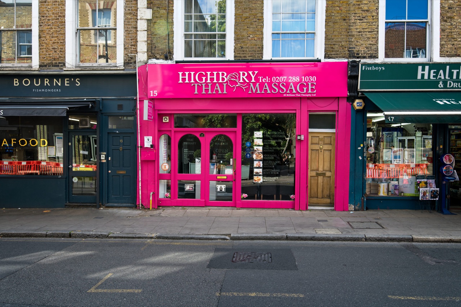 Highbury Thai Massage pink shopfront at 15 Highbury Park